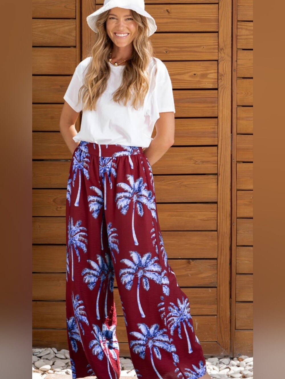 Peace Love World Boheme Wine and Blue Palm-Print Wide Leg Pants